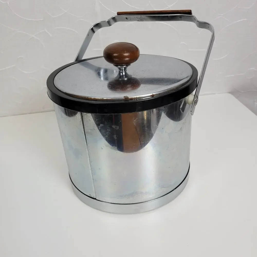 Vintage Home Kitchen Ice Bucket Container Wood Silver‎ Chrome Mid Century Retro